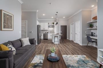 Maple Grove apartment for rent - A modern living room with a grey sofa and a wooden coffee table.