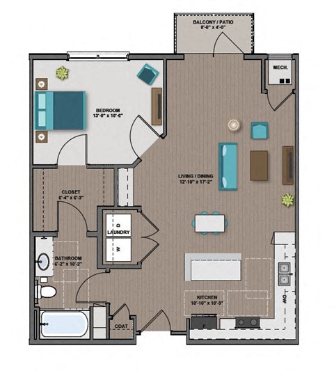 Floor plan for 1 bed, 1 bath, 778 sqft