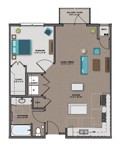 Floor plan for 1 bed, 1 bath, 752 sqft