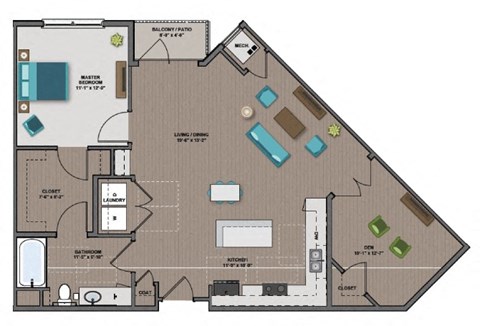 Floor plan for 1 bed, 1 bath, 1022 sqft