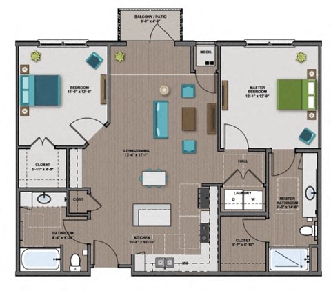 Floor plan for 2 beds, 2 baths, 1100 sqft
