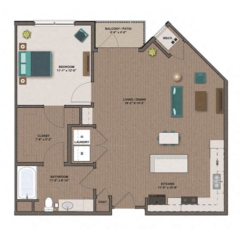 Floor plan for 1 bed, 1 bath, 845 sqft