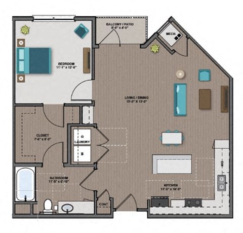 Floor plan for 1 bed, 1 bath, 845 sqft