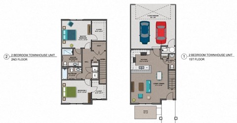 Floor plan for 2 beds, 2.5 baths, 1351 sqft