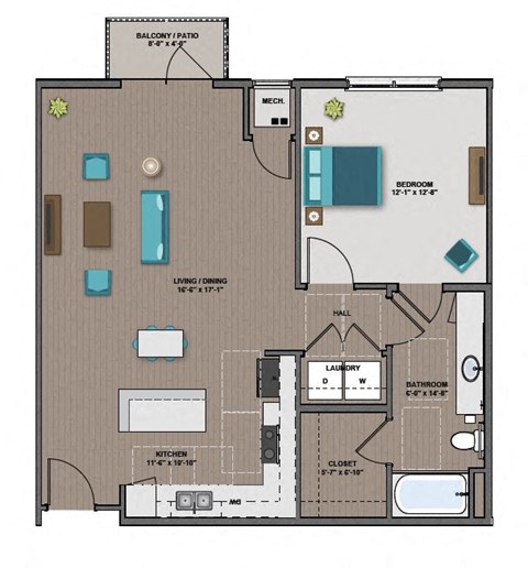 Floor plan for 1 bed, 1 bath, 860 sqft