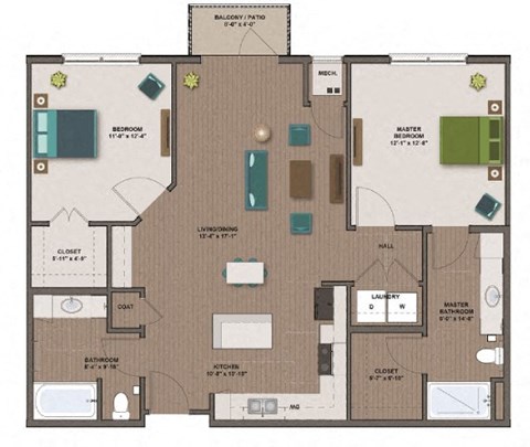 Floor plan for 2 beds, 2 baths, 1100 sqft