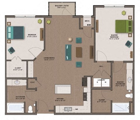 Floor plan for 2 beds, 2 baths, 1100 sqft