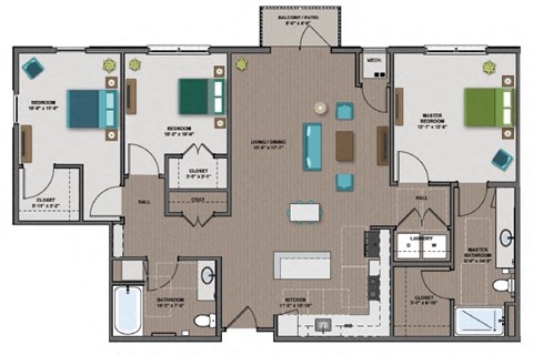 Floor plan for 3 beds, 2 baths, 1324 sqft