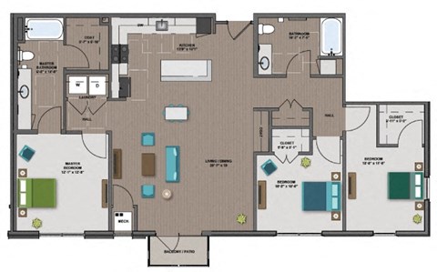 Floor plan for 3 beds, 2 baths, 1450 sqft
