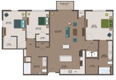 Floor plan for 3 beds, 2 baths, 1337 sqft