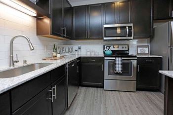 A modern kitchen with black cabinets and stainless steel appliances.