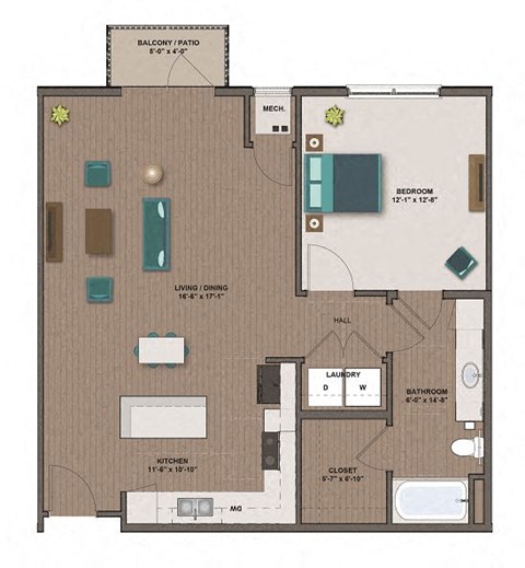 Floor plan for 1 bed, 1 bath, 860 sqft
