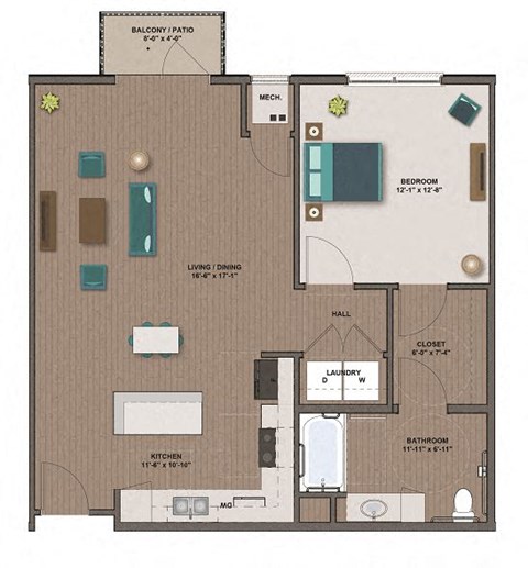 Floor plan for 1 bed, 1 bath, 860 sqft