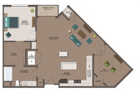 Floor plan for 1 bed, 1 bath, 1010 sqft