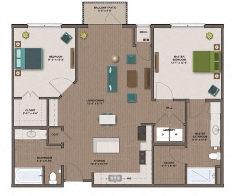 Floor plan for 2 beds, 2 baths, 1100 sqft
