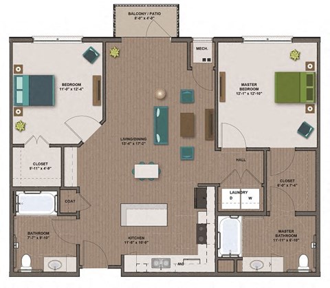 Floor plan for 2 beds, 2 baths, 1100 sqft