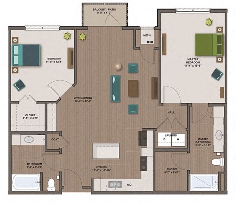 Floor plan for 2 beds, 2 baths, 1133 sqft