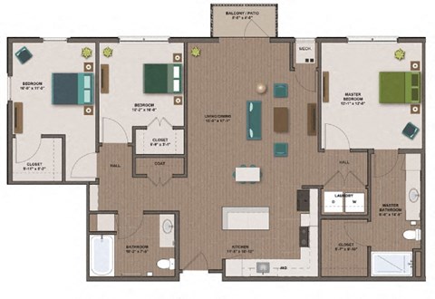 Floor plan for 3 beds, 2 baths, 1337 sqft