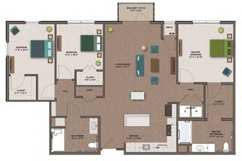 Floor plan for 3 beds, 2 baths, 1337 sqft