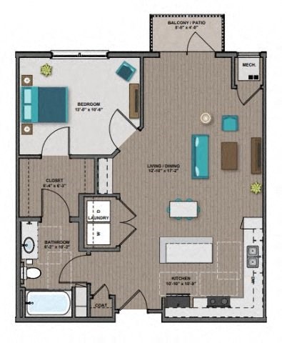 Floor plan for 1 bed, 1 bath, 778 sqft