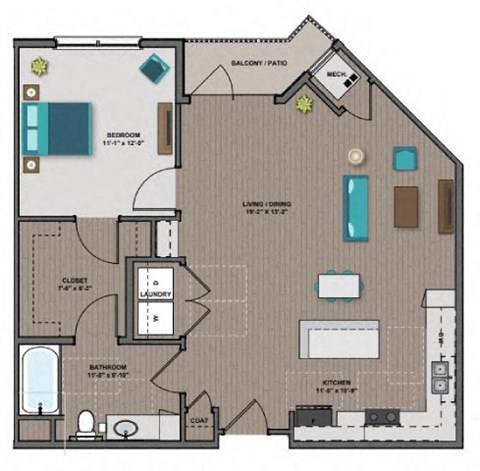 Floor plan for 1 bed, 1 bath, 845 sqft