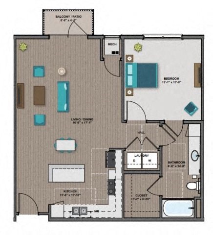 Floor plan for 1 bed, 1 bath, 860 sqft