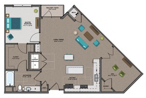Floor plan for 2 beds, 1 bath, 1010 sqft