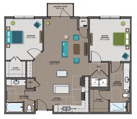Floor plan for 2 beds, 2 baths, 1100 sqft