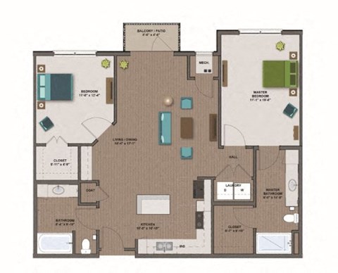 Floor plan for 2 beds, 2 baths, 1133 sqft