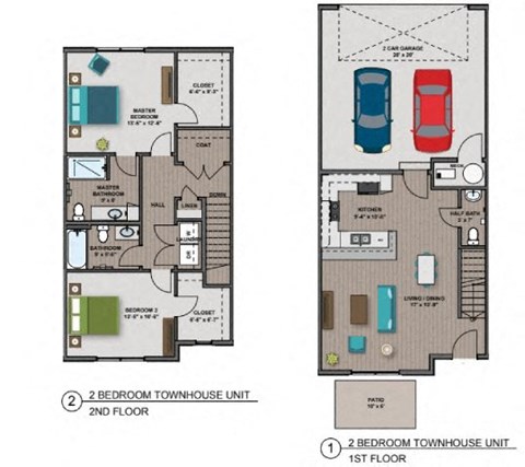 Floor plan for 2 beds, 2.5 baths, 1347 sqft