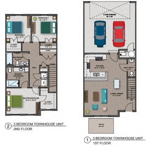 Floor plan for 3 beds, 2.5 baths, 1389 sqft