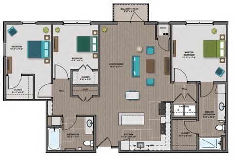 Floor plan for 3 beds, 2 baths, 1337 sqft
