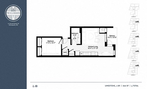 Floor plan for 1 bed, 1 bath, 620 sqft