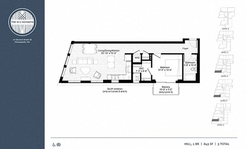 Floor plan for 1 bed, 1 bath, 843 sqft