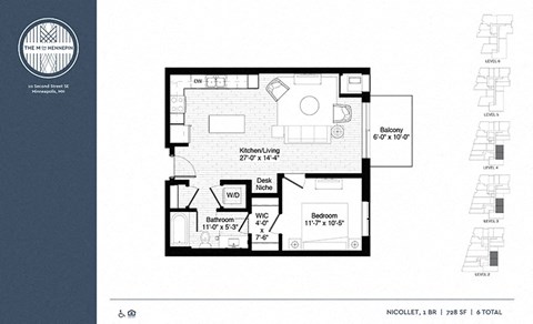 Floor plan for 1 bed, 1 bath, 728 sqft