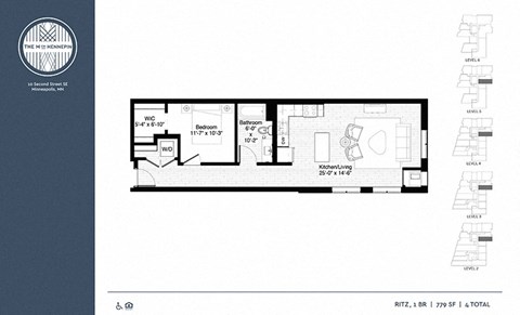 Floor plan for 1 bed, 1 bath, 779 sqft