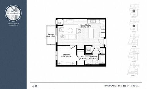 Floor plan for 1 bed, 1 bath, 684 sqft
