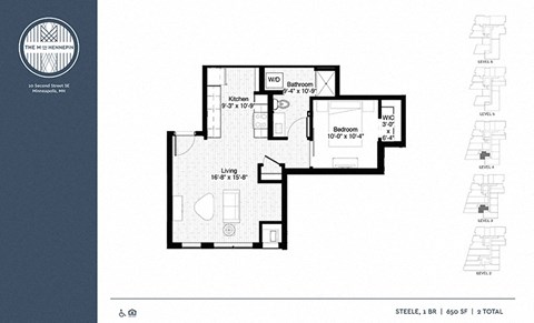 Floor plan for 1 bed, 1 bath, 673 sqft
