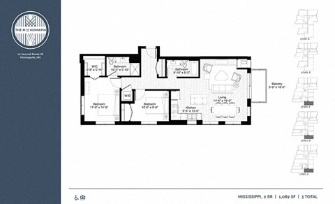Floor plan for 2 beds, 2 baths, 1089 sqft