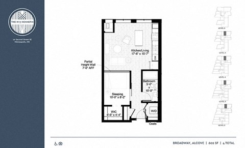 Floor plan for 1 bed, 1 bath, 602 sqft