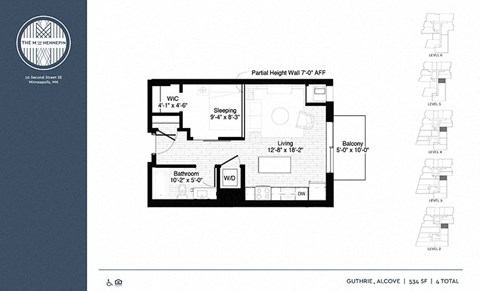 Floor plan for 1 bed, 1 bath, 534 sqft