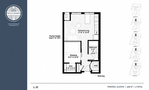 Floor plan for 1 bed, 1 bath, 568 sqft