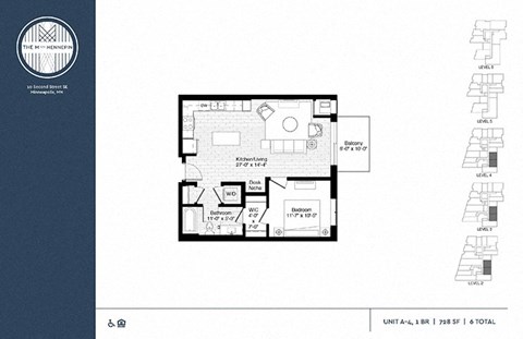 Floor plan for 1 bed, 1 bath, 728 sqft