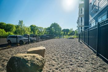 A sunny day in a park with a gravel path, trees, and a fence.