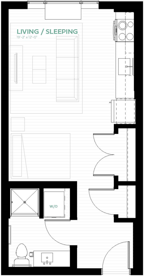Floor plan for studio, 1 bath, 405 sqft