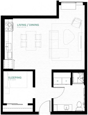 Floor plan for 1 bed, 1 bath, 582 sqft
