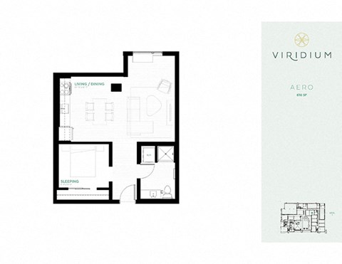 Floor plan for 1 bed, 1 bath, 610 sqft