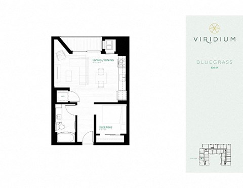 Floor plan for 1 bed, 1 bath, 526 sqft