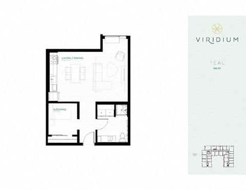 Floor plan for 1 bed, 1 bath, 582 sqft