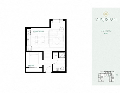 Floor plan for 1 bed, 1 bath, 577 sqft